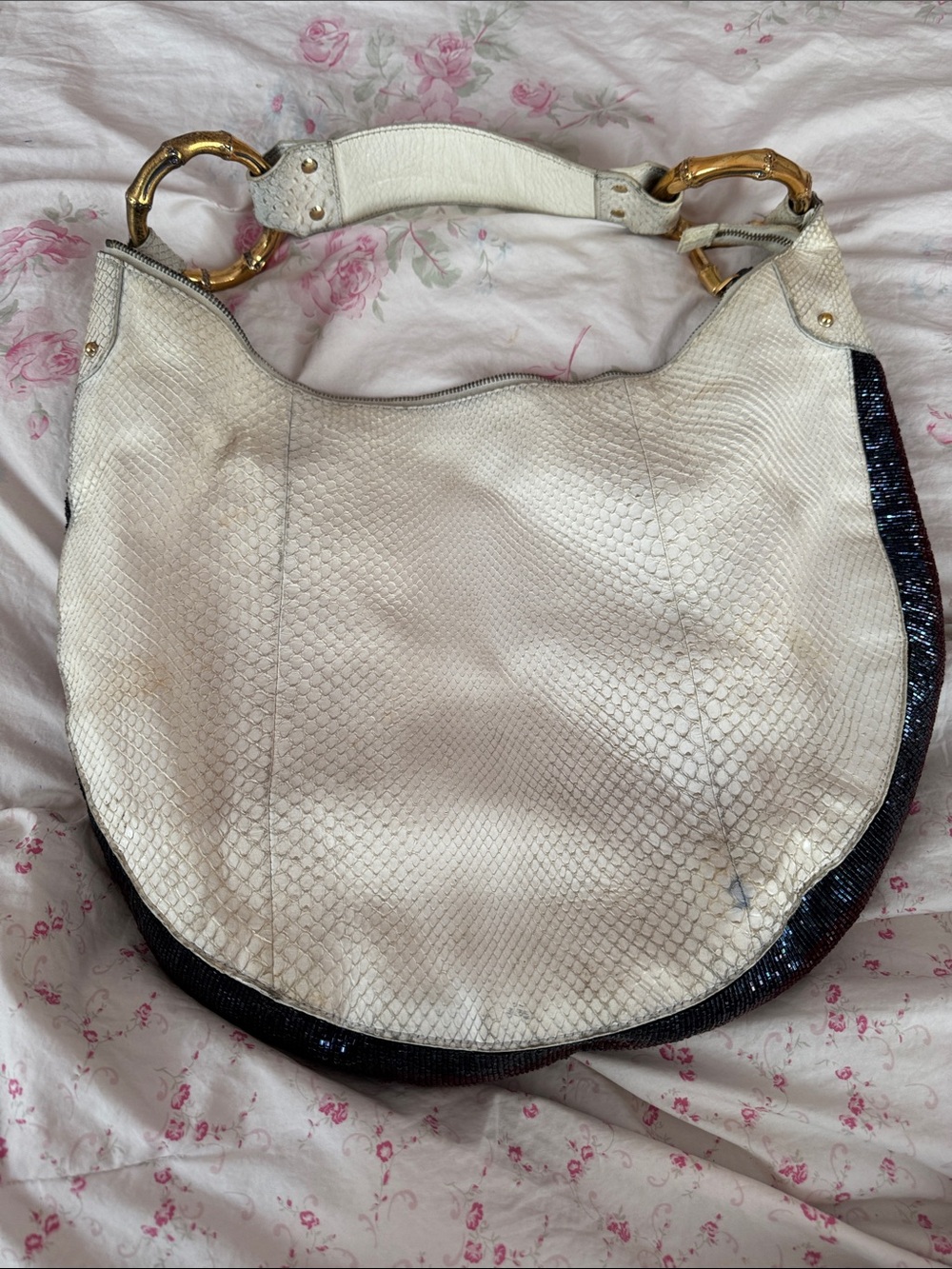 Gucci White Python Hobo Bag With Gold Bamboo Hardware and Red Blue Beading.